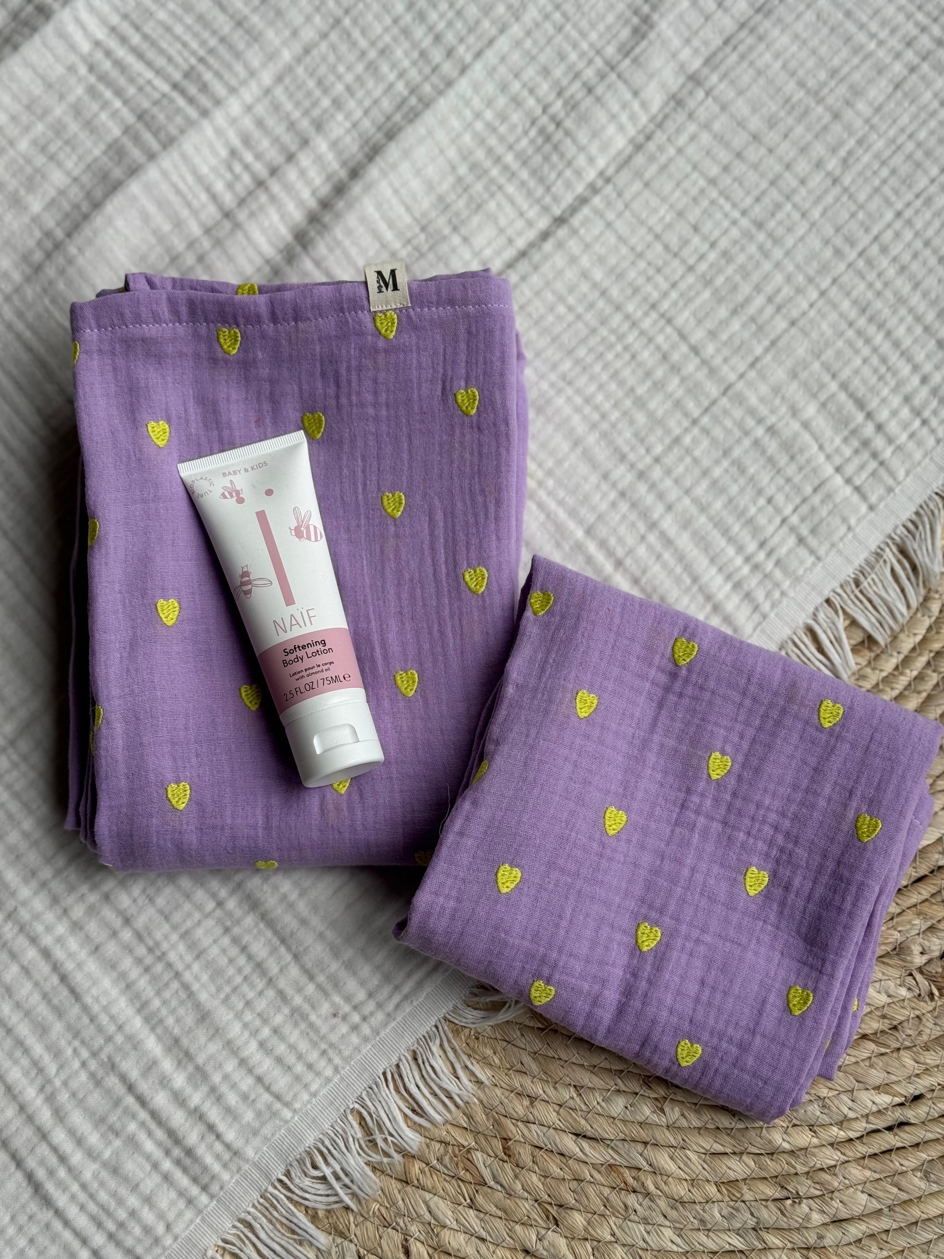 Hydrofiel XXL doek - Lavendel Neon Hearts